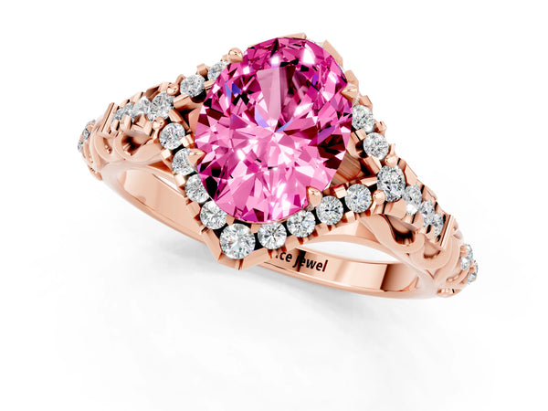 Rose gold Oval Cut Pink Sapphire Solitaire Ring with Hidden Halo and Pavé Band