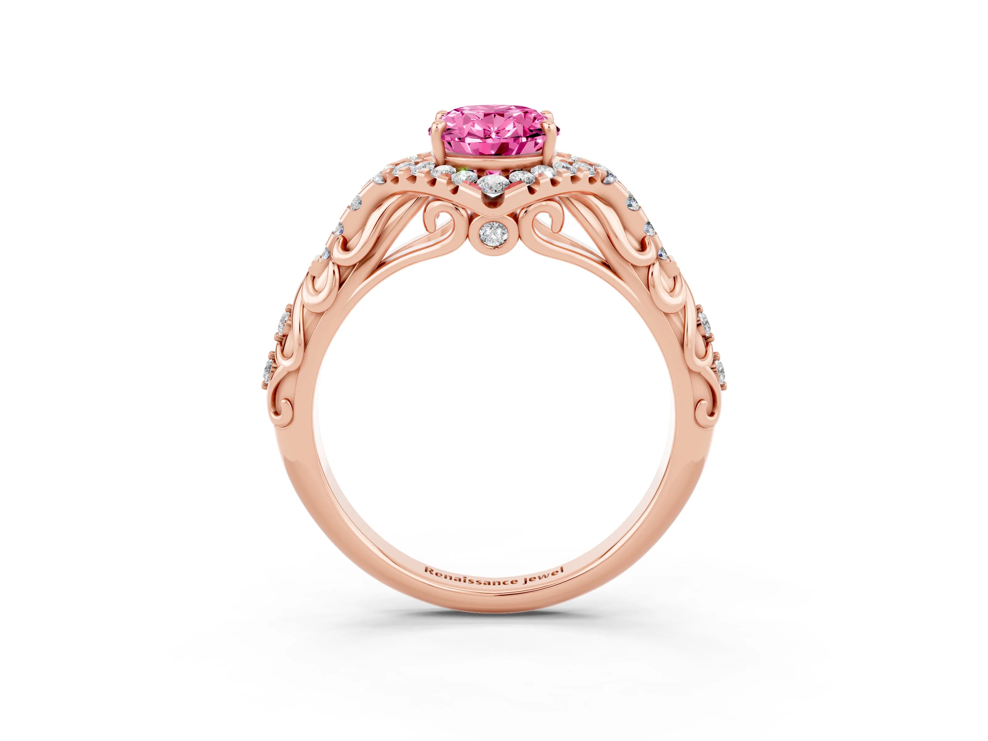 Rose gold Oval Cut Pink Sapphire Solitaire Ring with Hidden Halo and Pavé Band_15