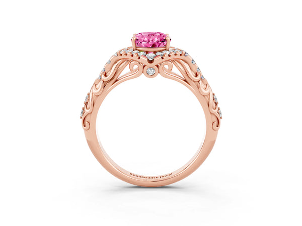 Rose gold Oval Cut Pink Sapphire Solitaire Ring with Hidden Halo and Pavé Band