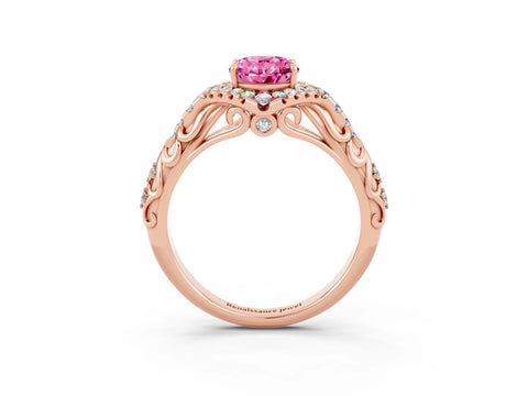 Rose gold Oval Cut Pink Sapphire Solitaire Ring with Hidden Halo and Pavé Band_15
