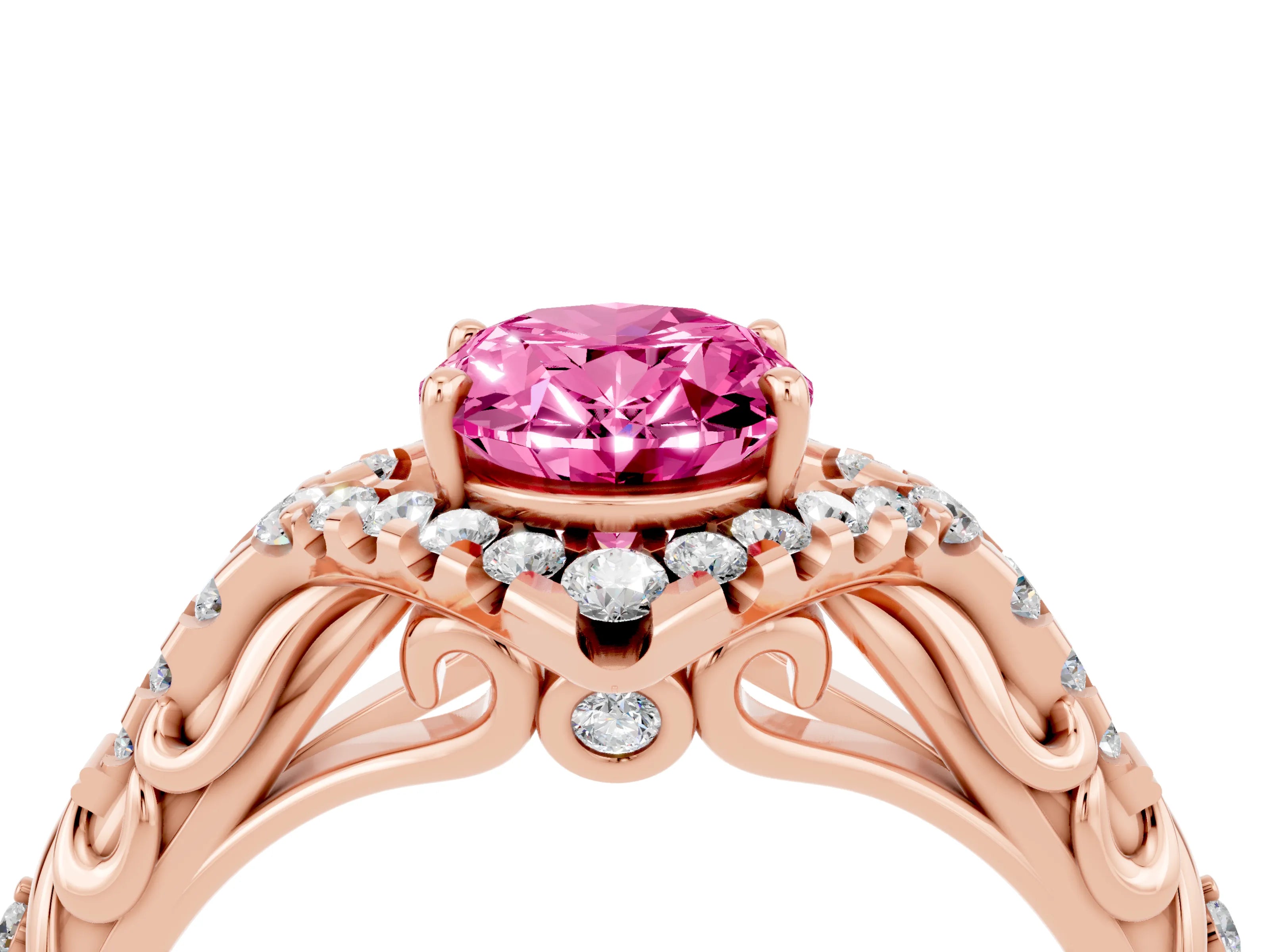 Rose gold Oval Cut Pink Sapphire Solitaire Ring with Hidden Halo and Pavé Band_16