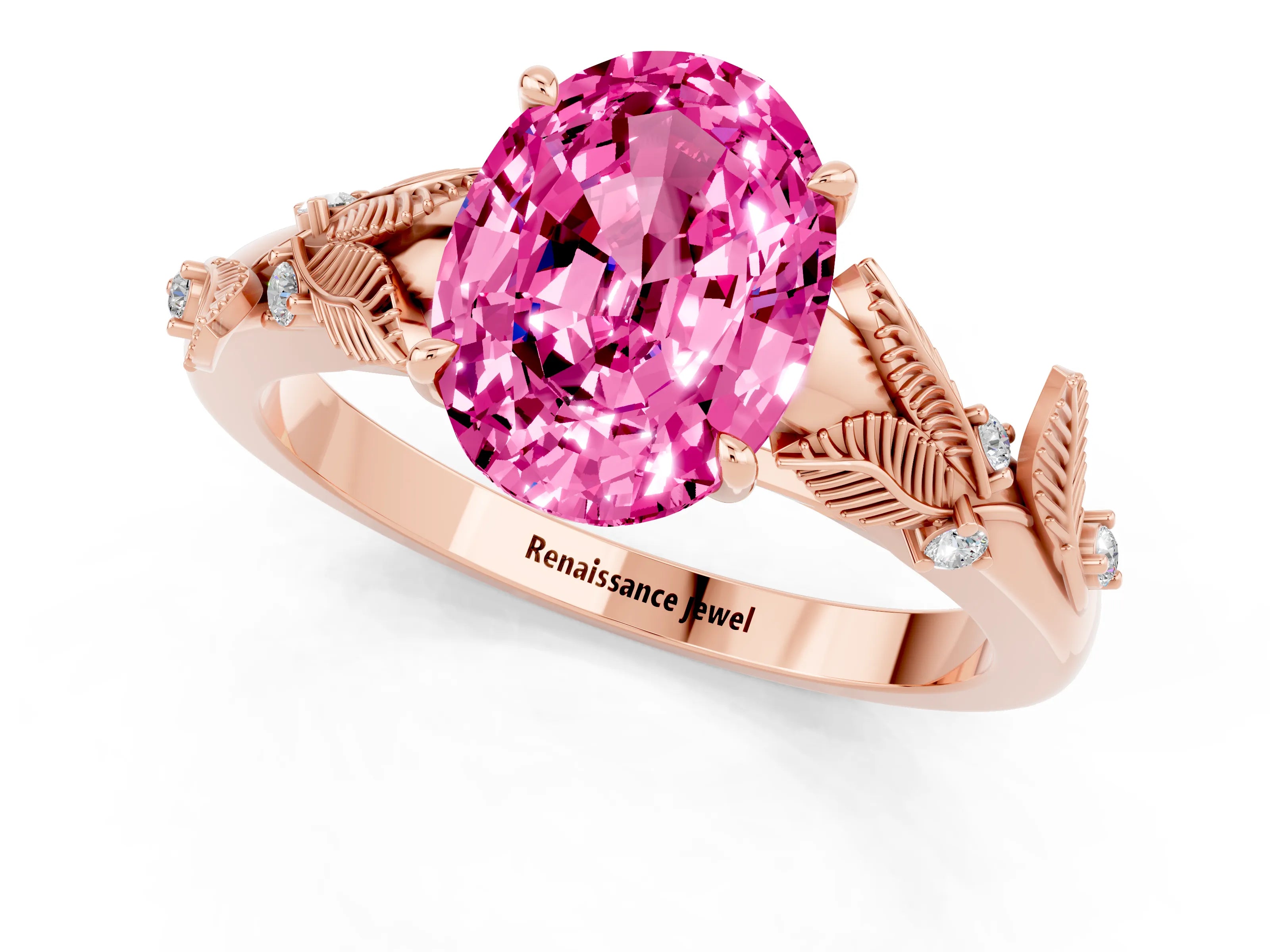 Rose gold Oval Cut Pink Sapphire Solitaire Ring with Leaf Motif Band and Four-Prong Setting_1