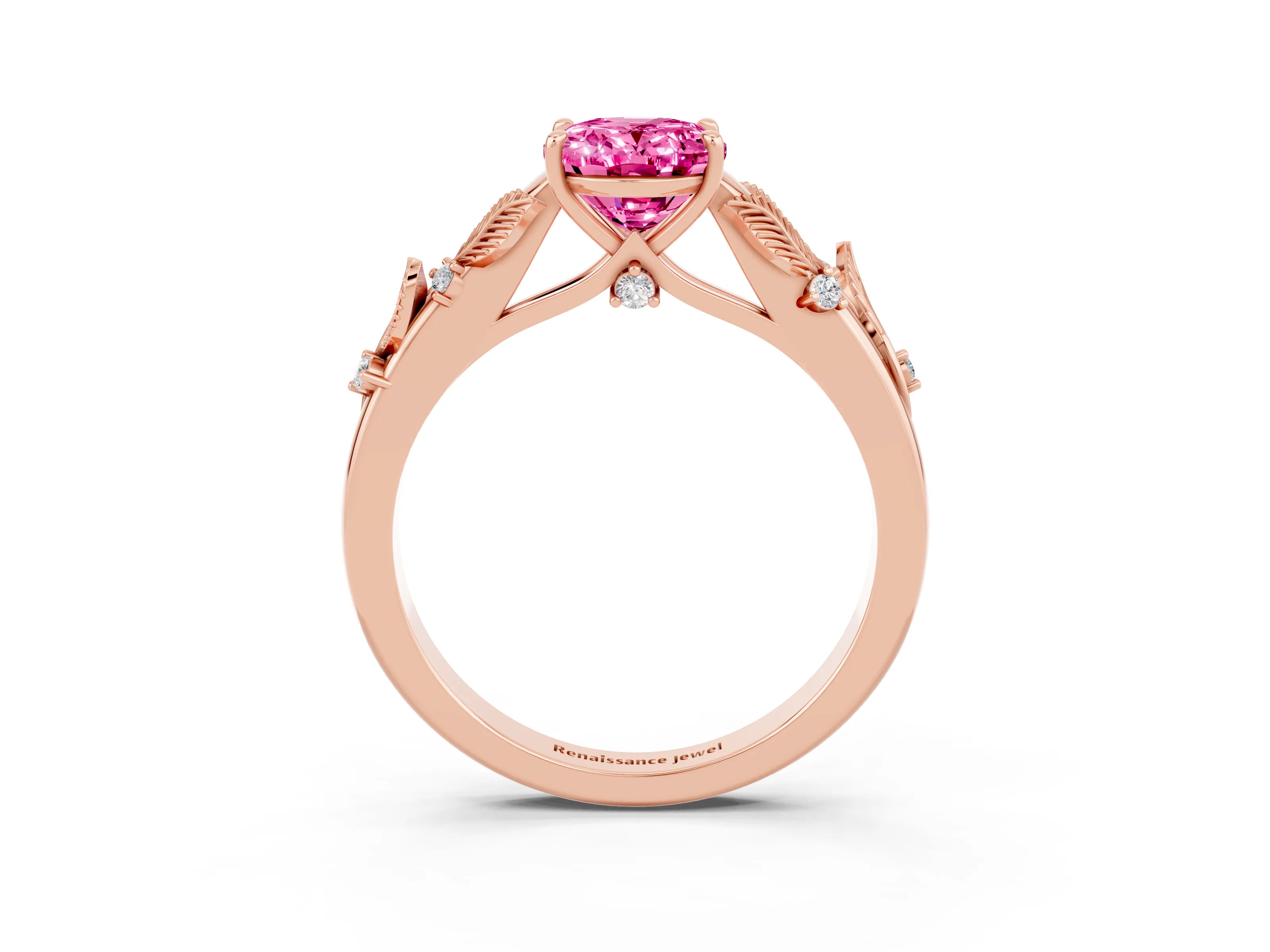 Rose gold Oval Cut Pink Sapphire Solitaire Ring with Leaf Motif Band and Four-Prong Setting_3