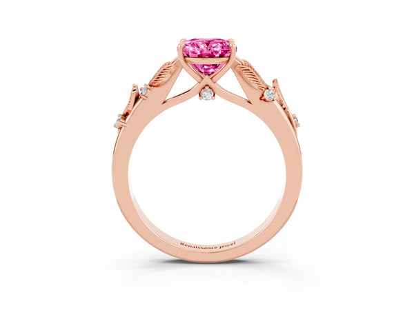 Rose gold Oval Cut Pink Sapphire Solitaire Ring with Leaf Motif Band and Four-Prong Setting