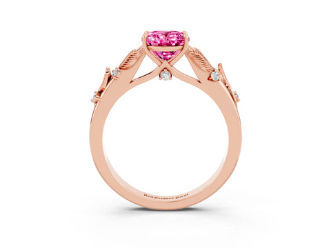Rose gold Oval Cut Pink Sapphire Solitaire Ring with Leaf Motif Band and Four-Prong Setting_3