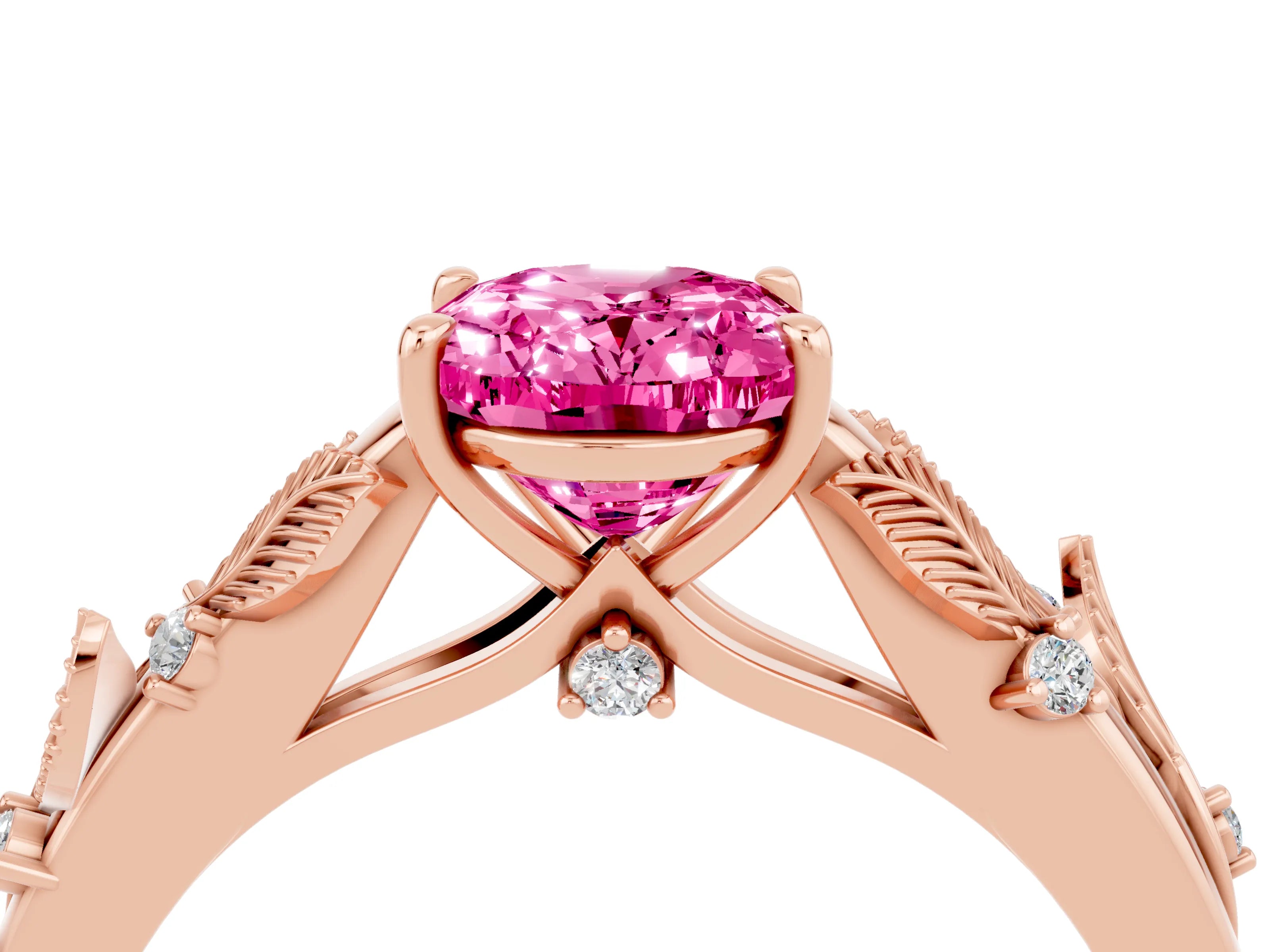Rose gold Oval Cut Pink Sapphire Solitaire Ring with Leaf Motif Band and Four-Prong Setting_4