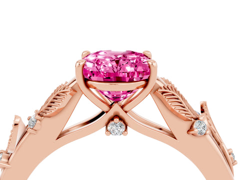 Rose gold Oval Cut Pink Sapphire Solitaire Ring with Leaf Motif Band and Four-Prong Setting_4