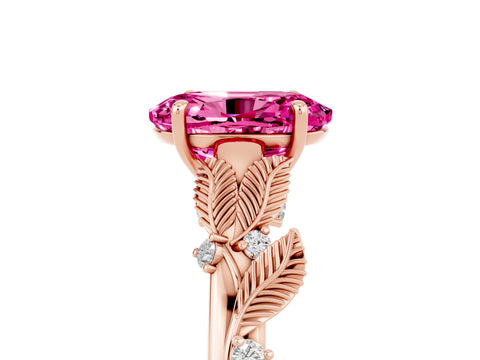 Rose gold Oval Cut Pink Sapphire Solitaire Ring with Leaf Motif Band and Four-Prong Setting_5