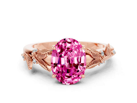Rose gold Oval Cut Pink Sapphire Solitaire Ring with Leaf Motif Band and Four-Prong Setting