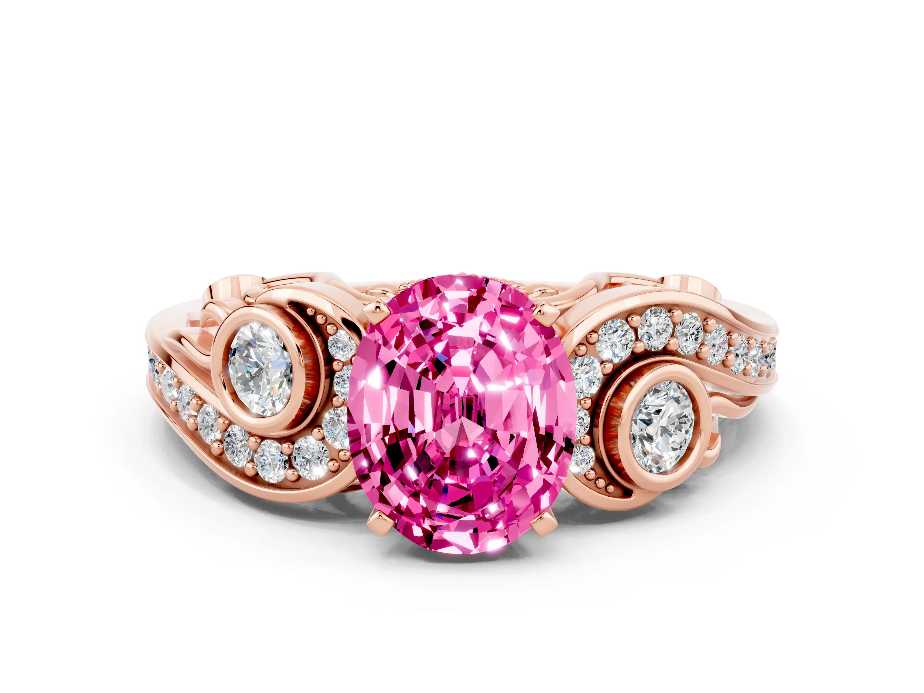 Rose gold Oval Cut Pink Sapphire Solitaire Ring with Milgrain Pavé Band and Four-Prong Setting_24