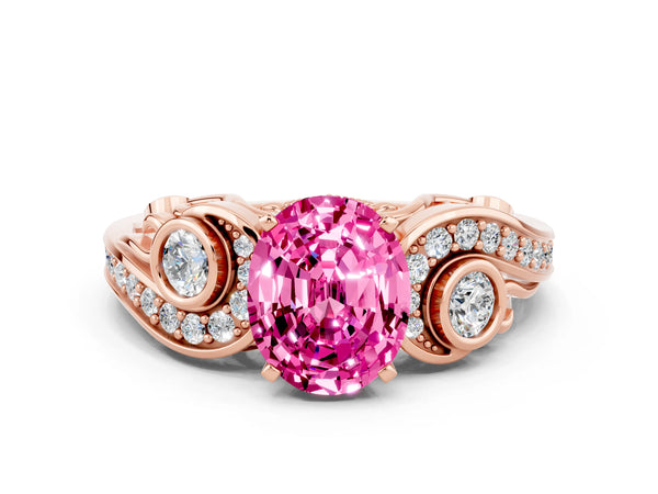 Rose gold Oval Cut Pink Sapphire Solitaire Ring with Milgrain Pavé Band and Four-Prong Setting