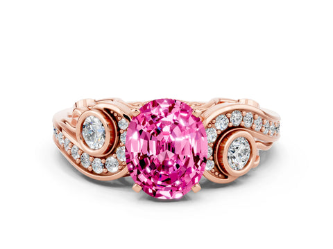 Rose gold Oval Cut Pink Sapphire Solitaire Ring with Milgrain Pavé Band and Four-Prong Setting_24