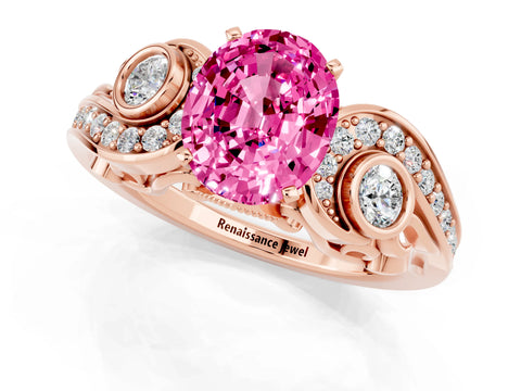 Rose gold Oval Cut Pink Sapphire Solitaire Ring with Milgrain Pavé Band and Four-Prong Setting_25