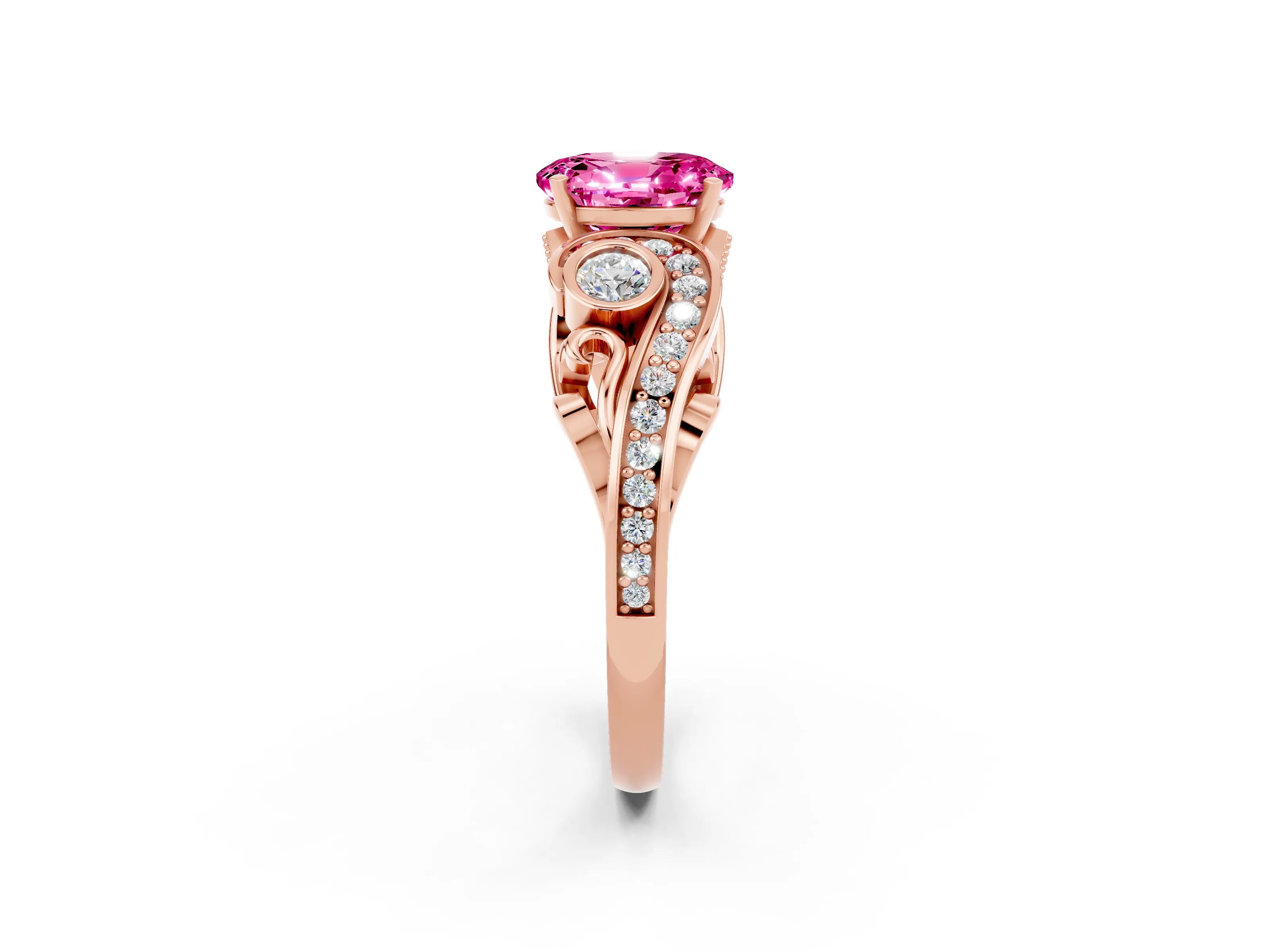 Rose gold Oval Cut Pink Sapphire Solitaire Ring with Milgrain Pavé Band and Four-Prong Setting_26