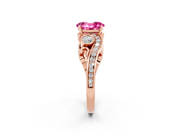 Rose gold Oval Cut Pink Sapphire Solitaire Ring with Milgrain Pavé Band and Four-Prong Setting