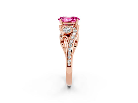 Rose gold Oval Cut Pink Sapphire Solitaire Ring with Milgrain Pavé Band and Four-Prong Setting_26