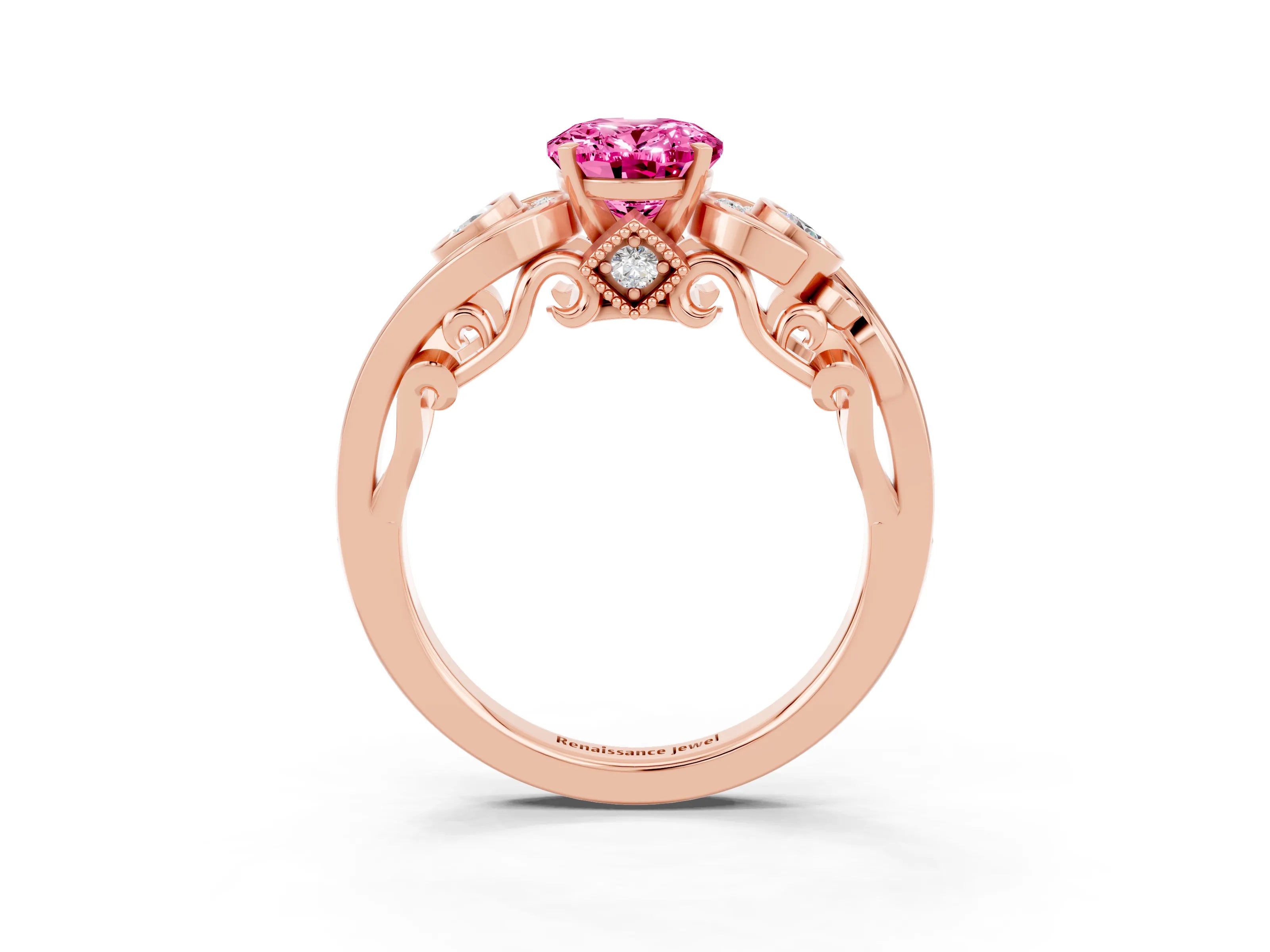 Rose gold Oval Cut Pink Sapphire Solitaire Ring with Milgrain Pavé Band and Four-Prong Setting_27