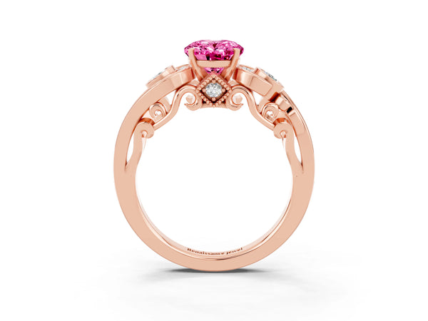 Rose gold Oval Cut Pink Sapphire Solitaire Ring with Milgrain Pavé Band and Four-Prong Setting