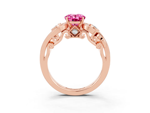 Rose gold Oval Cut Pink Sapphire Solitaire Ring with Milgrain Pavé Band and Four-Prong Setting_27