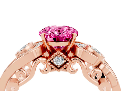 Rose gold Oval Cut Pink Sapphire Solitaire Ring with Milgrain Pavé Band and Four-Prong Setting_28