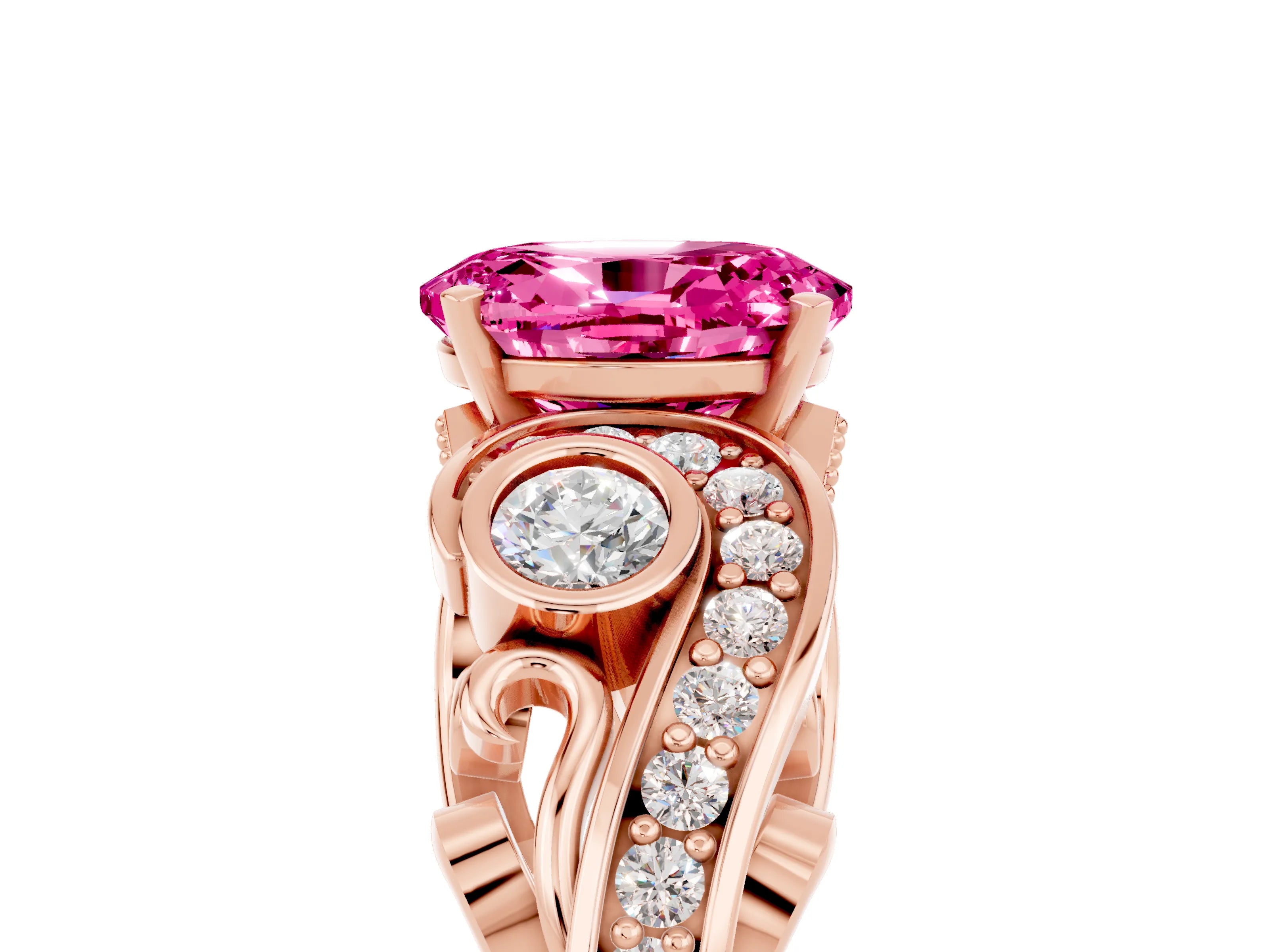 Rose gold Oval Cut Pink Sapphire Solitaire Ring with Milgrain Pavé Band and Four-Prong Setting_29