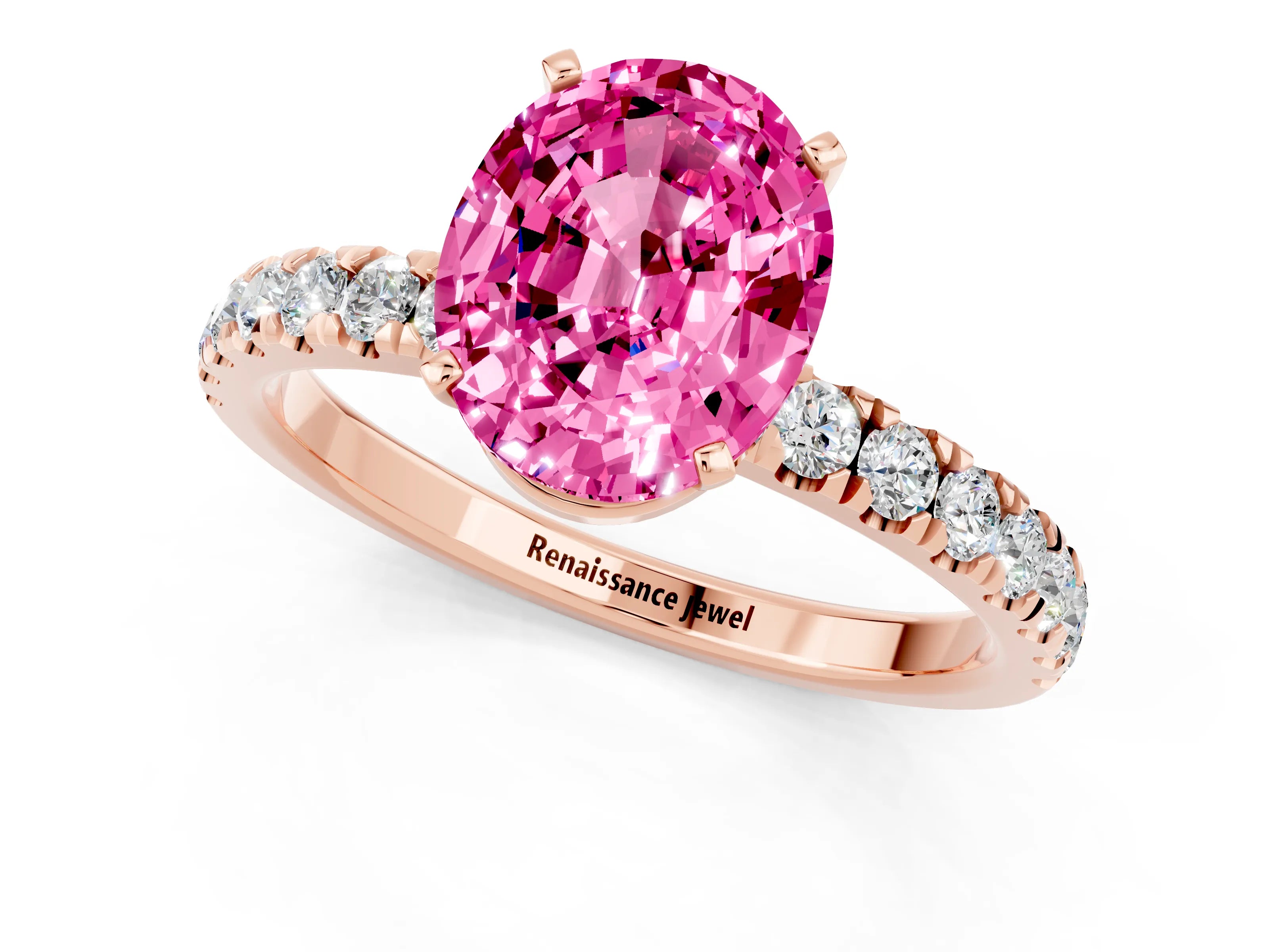 Rose gold Oval Cut Pink Sapphire Solitaire Ring with Pavé Accents and Four-Prong Setting_25