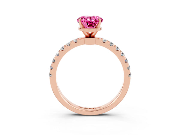 Rose gold Oval Cut Pink Sapphire Solitaire Ring with Pavé Accents and Four-Prong Setting