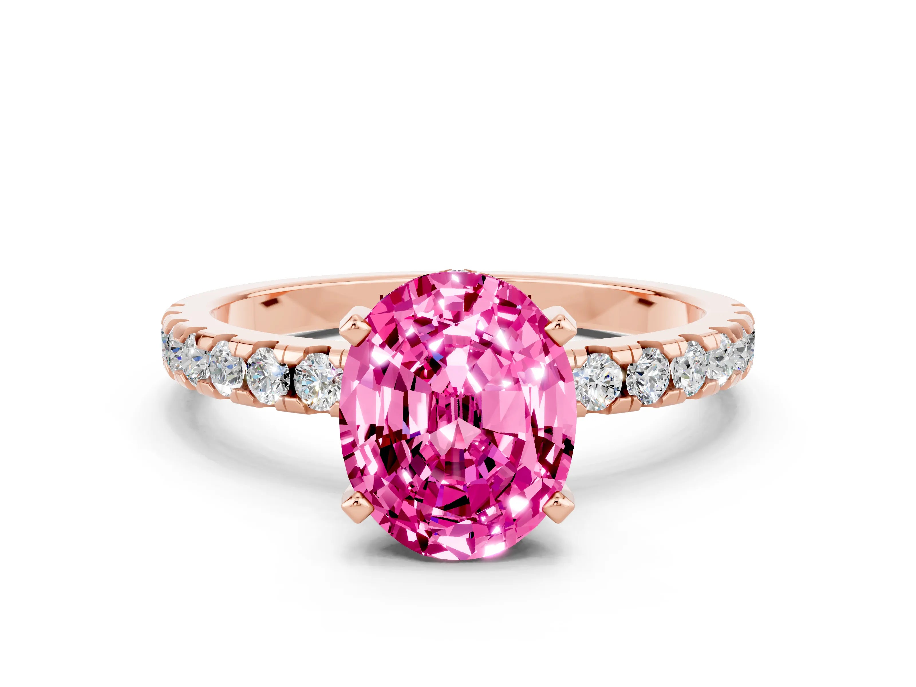 Rose gold Oval Cut Pink Sapphire Solitaire Ring with Pavé Band and Four-Prong Setting_60