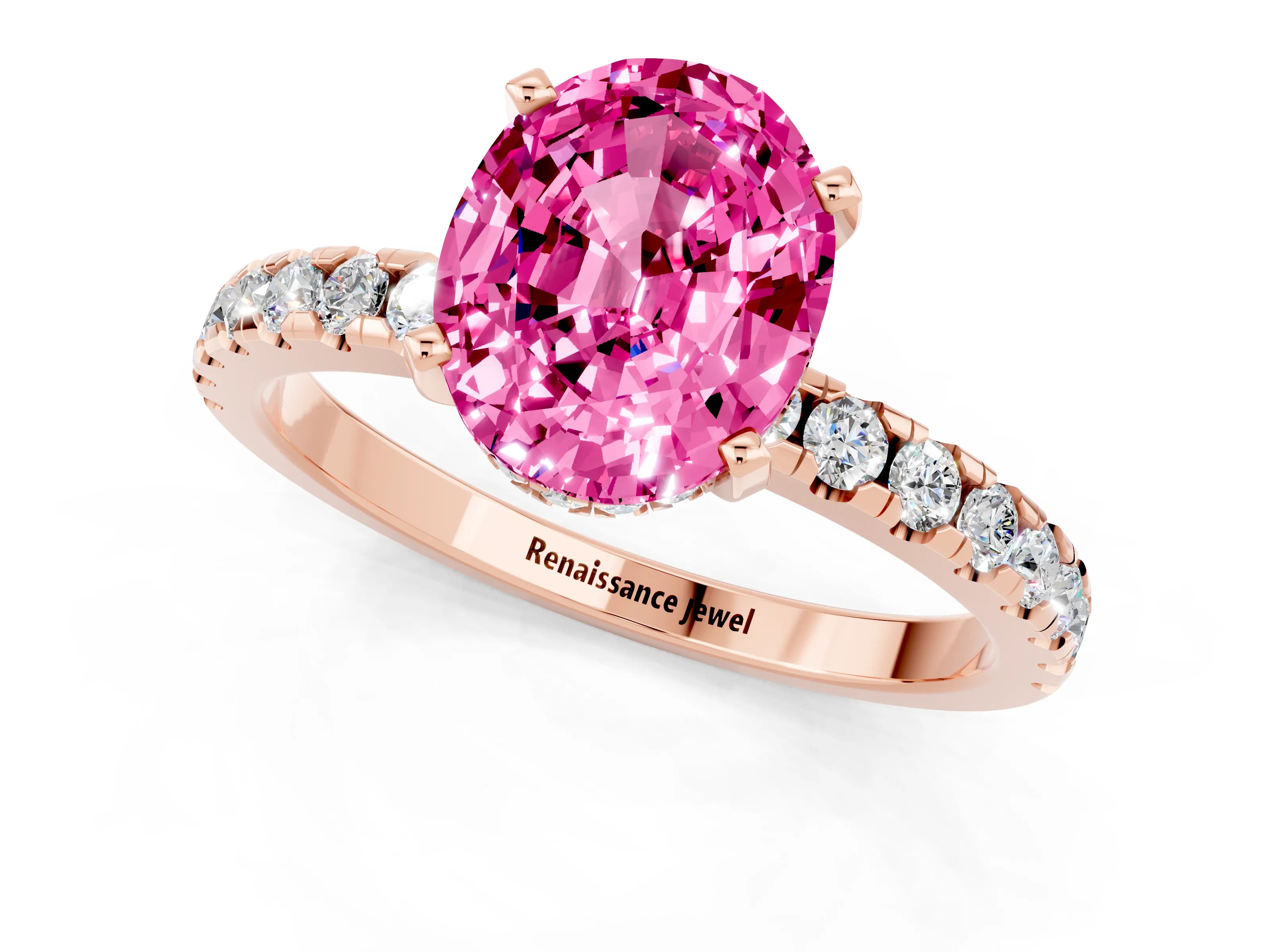 Rose gold Oval Cut Pink Sapphire Solitaire Ring with Pavé Band and Four-Prong Setting_61