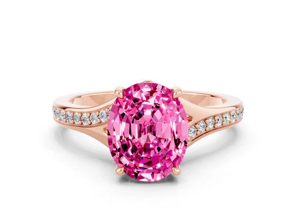 Rose gold Oval Cut Pink Sapphire Solitaire Ring with Pavé Band and Prong Setting