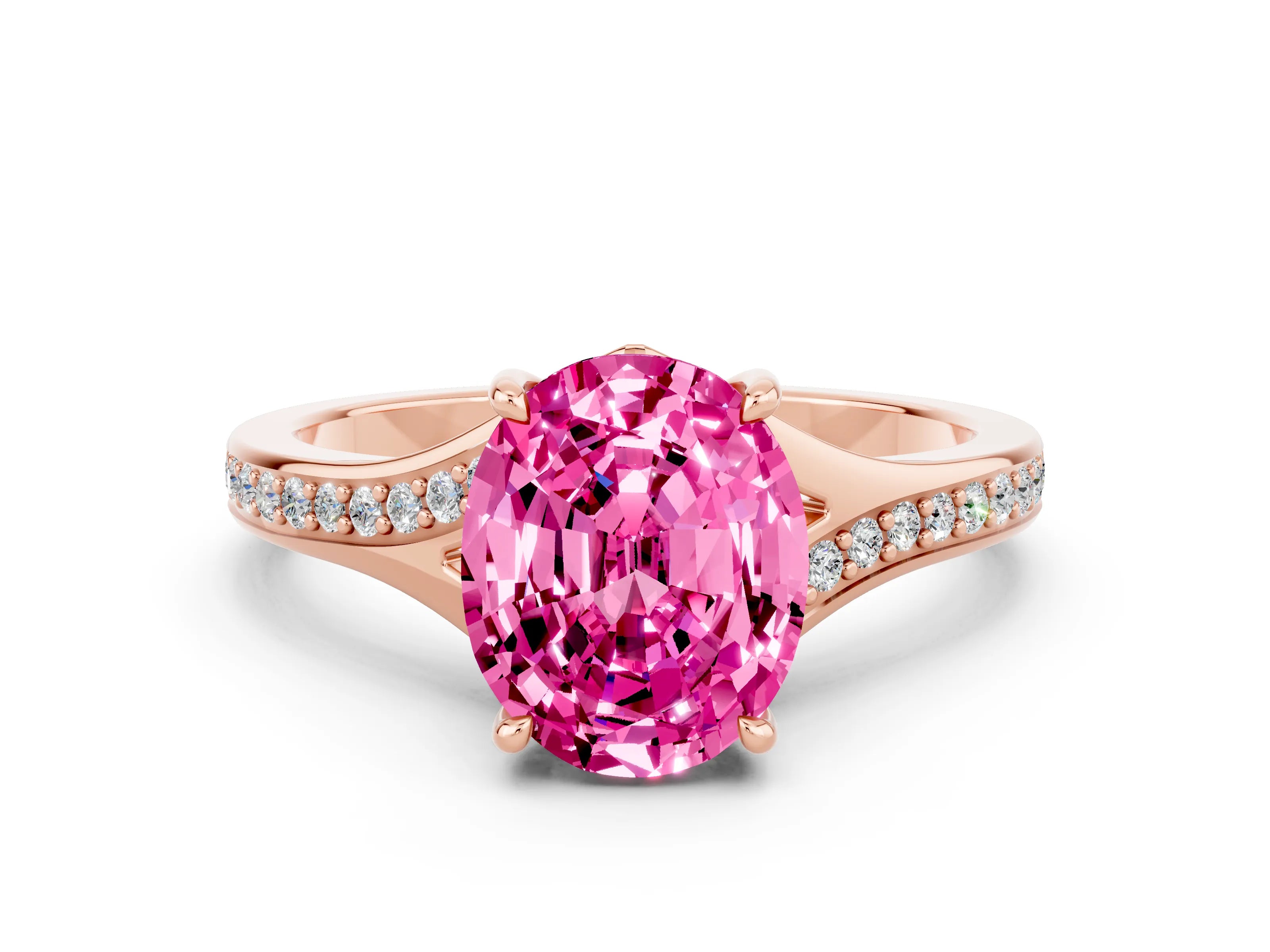 Rose gold Oval Cut Pink Sapphire Solitaire Ring with Pavé Band and Prong Setting_12
