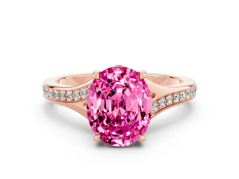 Rose gold Oval Cut Pink Sapphire Solitaire Ring with Pavé Band and Prong Setting_12