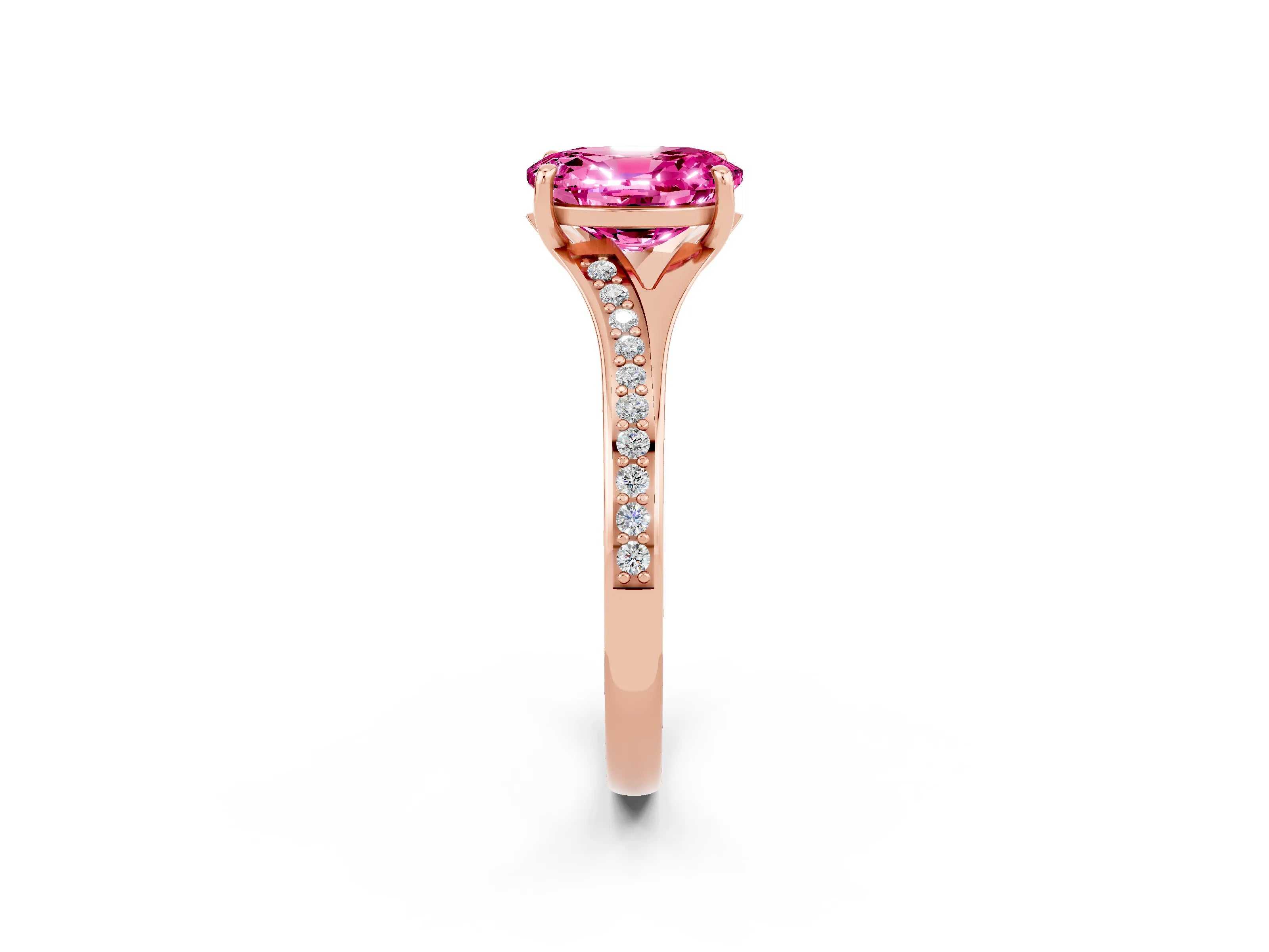 Rose gold Oval Cut Pink Sapphire Solitaire Ring with Pavé Band and Prong Setting_14