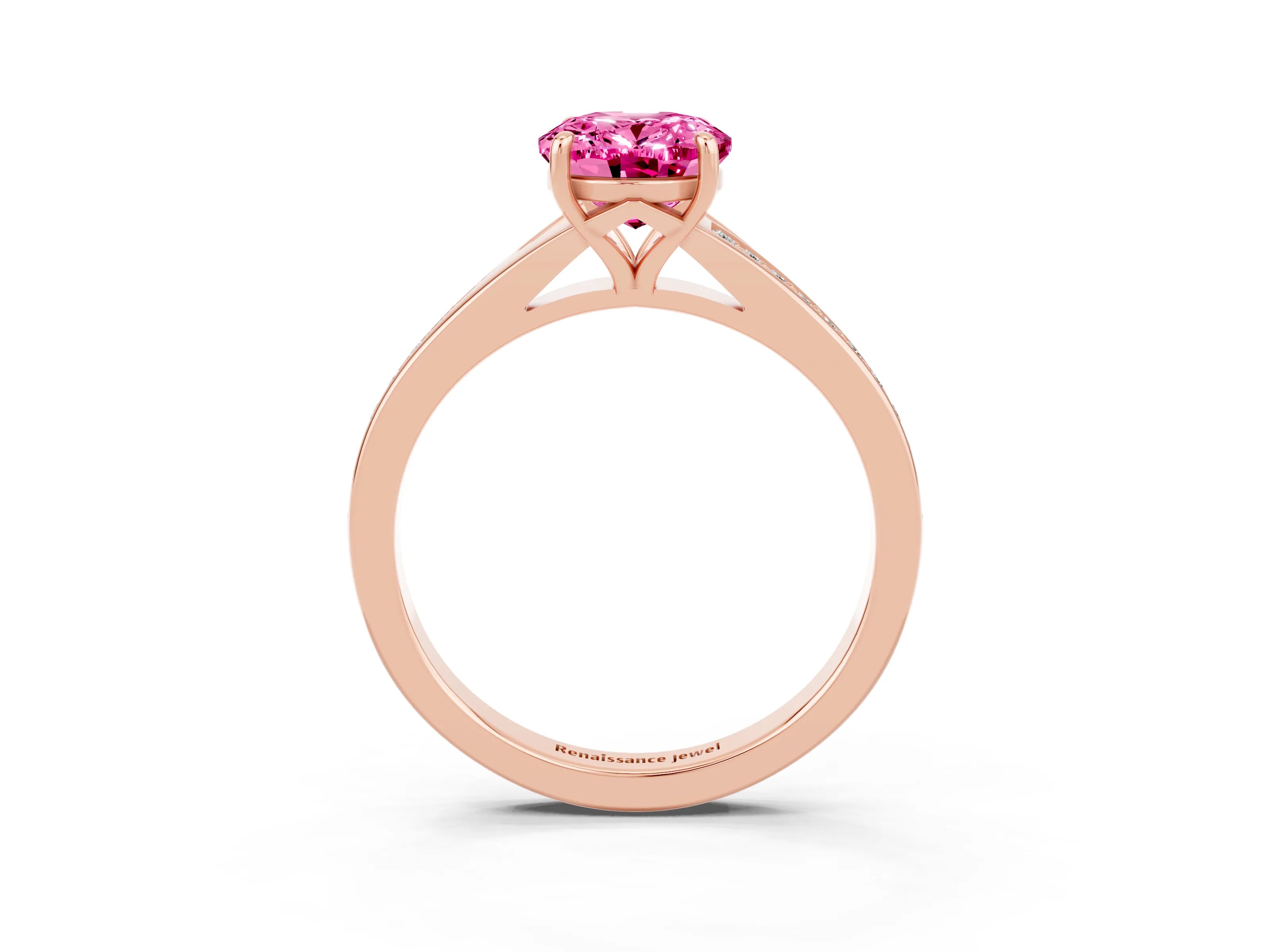 Rose gold Oval Cut Pink Sapphire Solitaire Ring with Pavé Band and Prong Setting_15