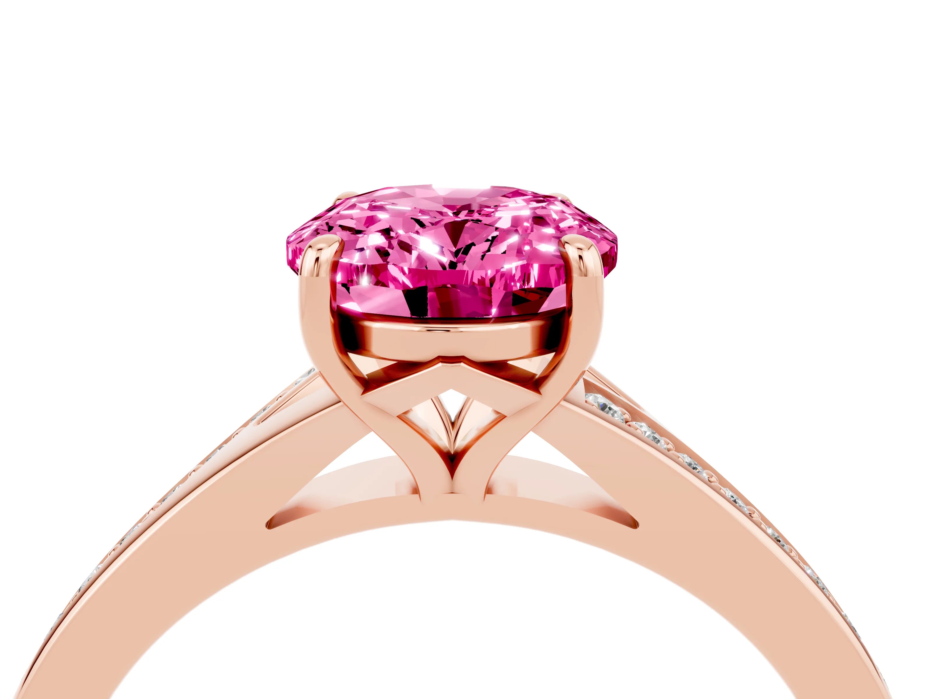 Rose gold Oval Cut Pink Sapphire Solitaire Ring with Pavé Band and Prong Setting_16