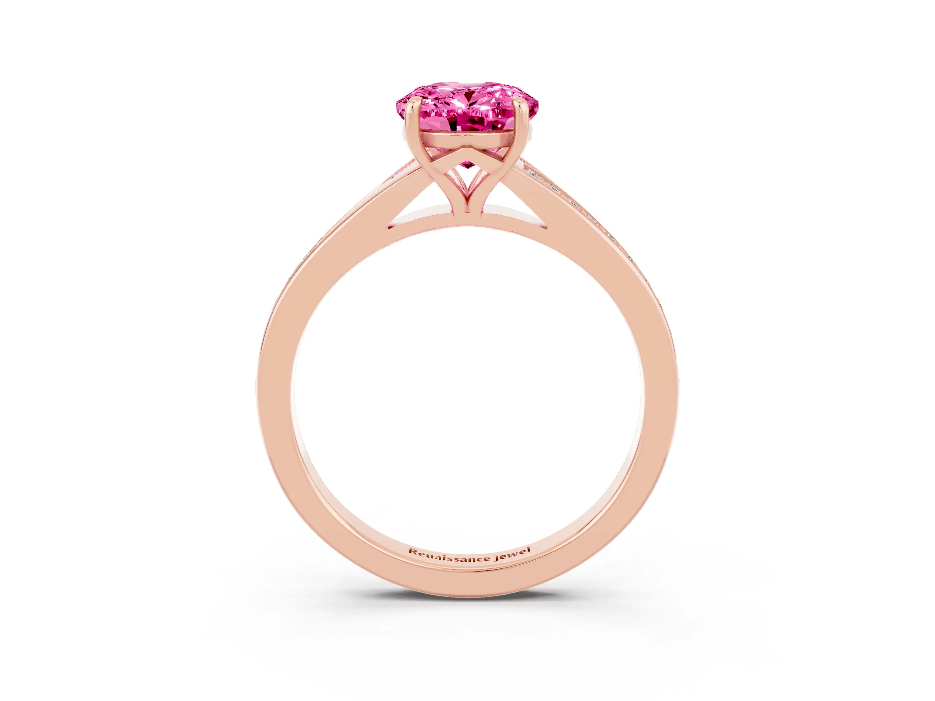Rose gold Oval Cut Pink Sapphire Solitaire Ring with Pavé Band and Prong Setting_3