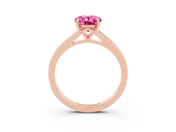 Rose gold Oval Cut Pink Sapphire Solitaire Ring with Pavé Band and Prong Setting