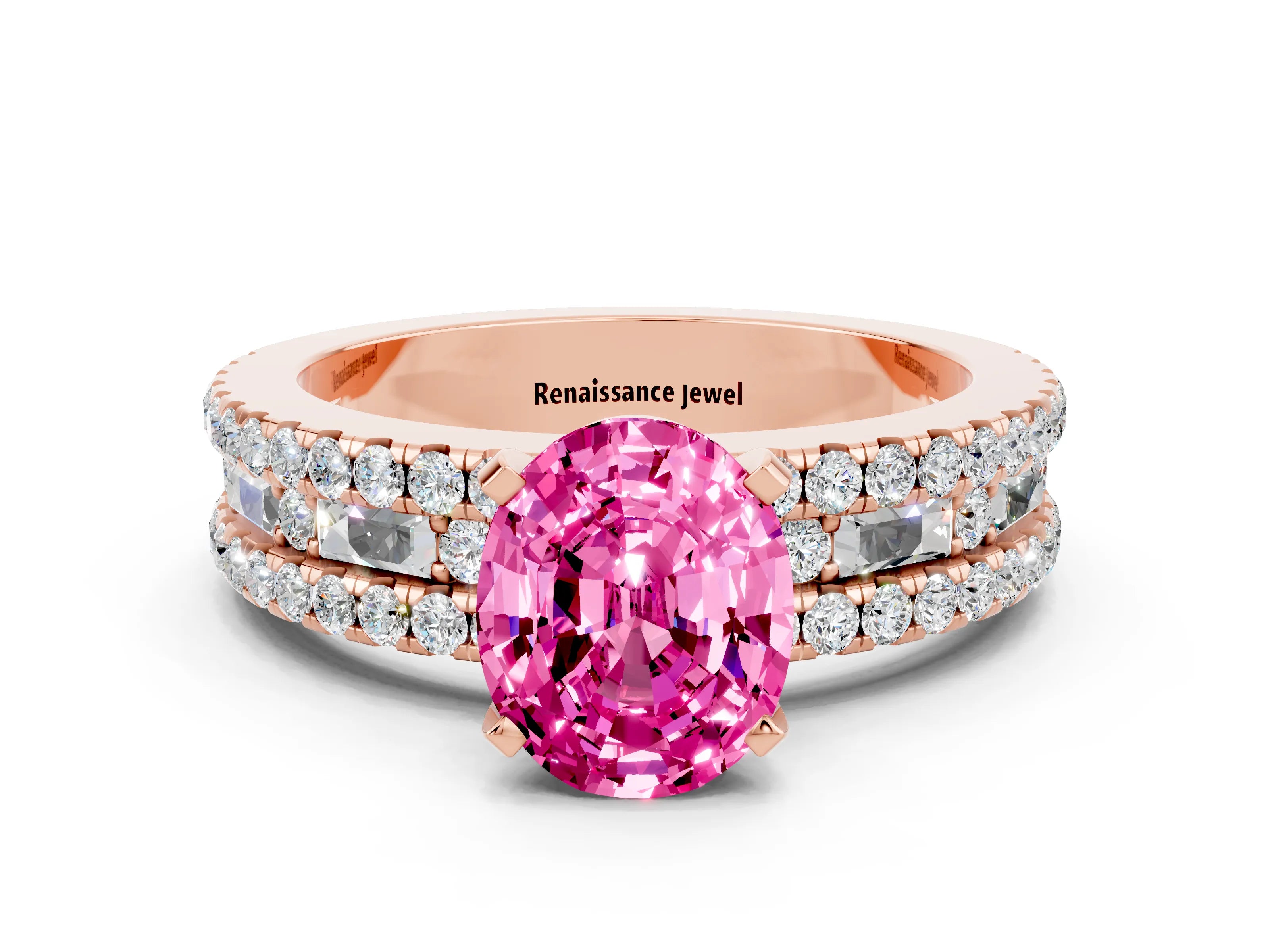Rose gold Oval Cut Pink Sapphire Solitaire Ring with Pavé and Channel Set Band_24