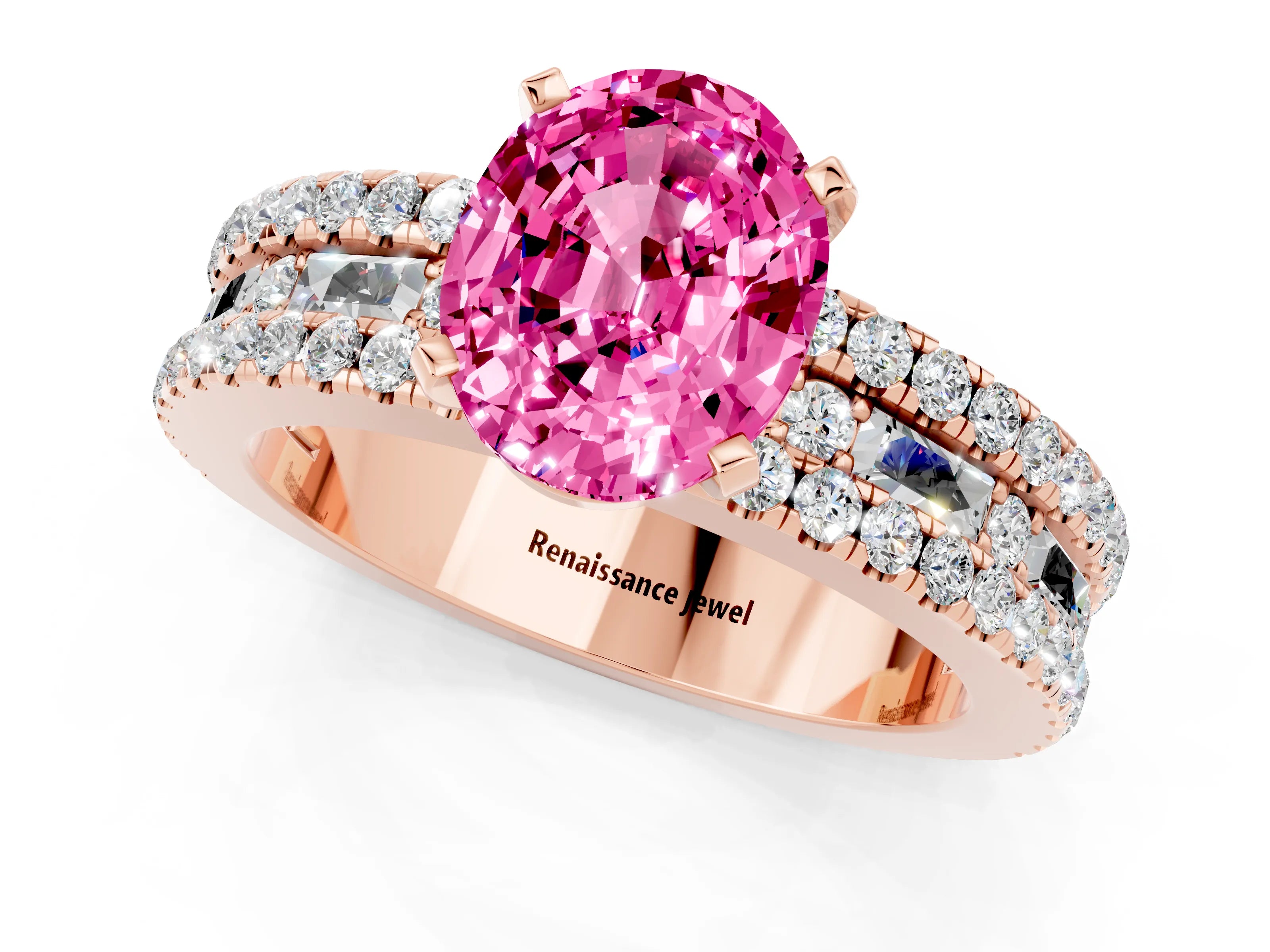 Rose gold Oval Cut Pink Sapphire Solitaire Ring with Pavé and Channel Set Band_25