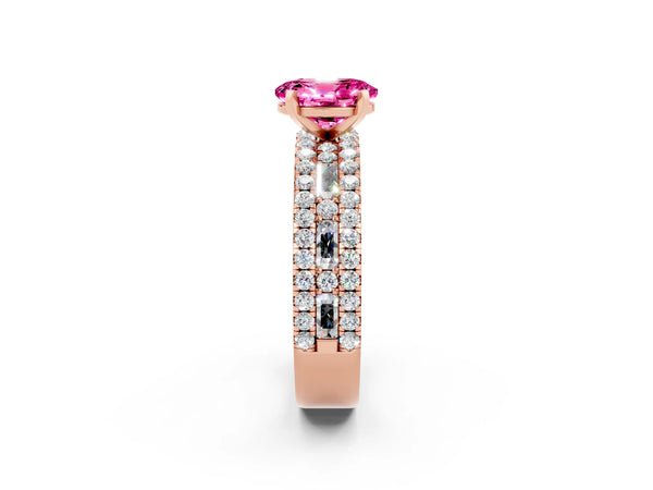 Rose gold Oval Cut Pink Sapphire Solitaire Ring with Pavé and Channel Set Band