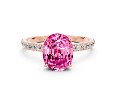 Rose gold Oval Cut Pink Sapphire Solitaire Ring with Pave Band and Four Prong Setting_12