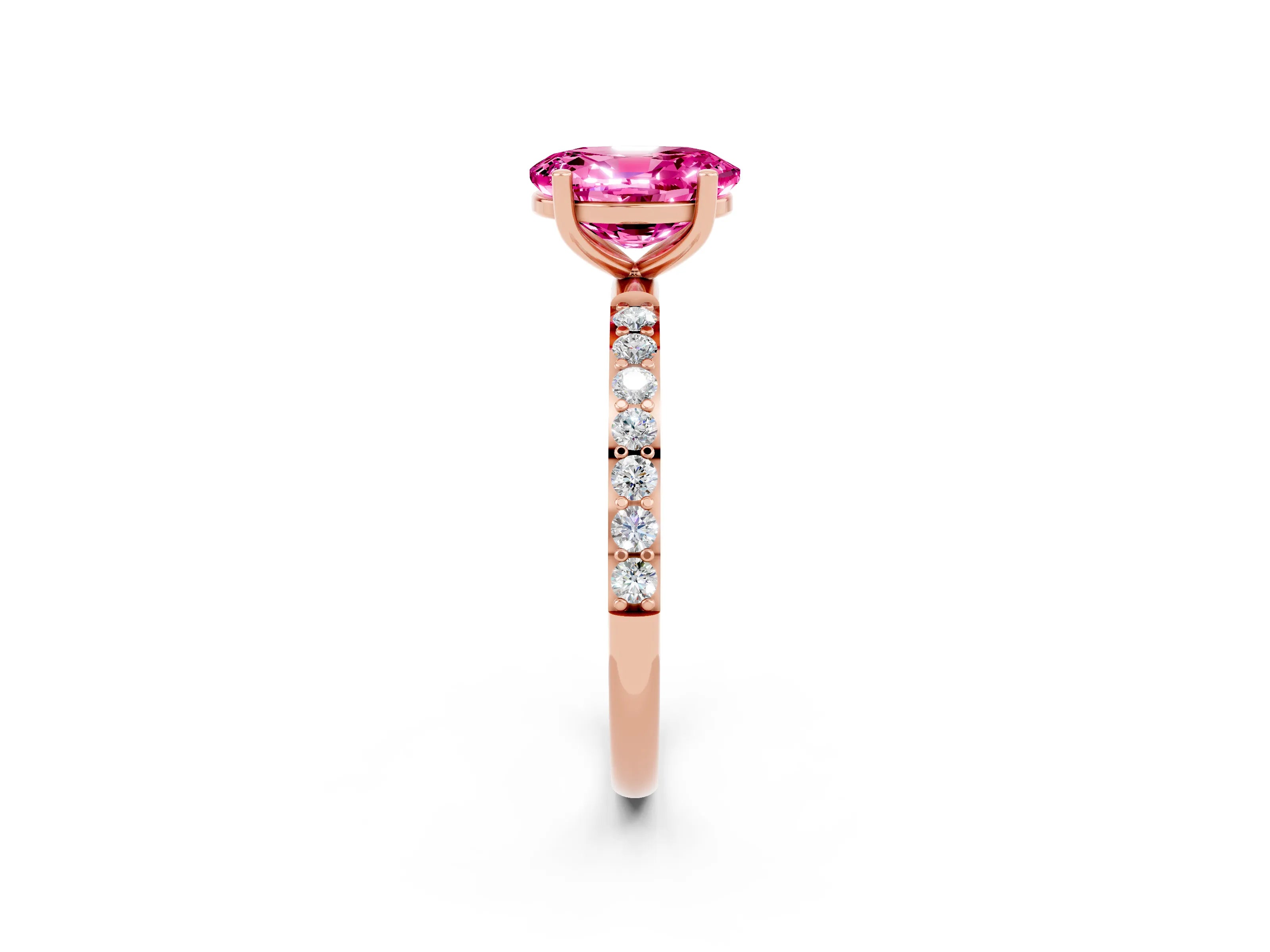 Rose gold Oval Cut Pink Sapphire Solitaire Ring with Pave Band and Four Prong Setting_14