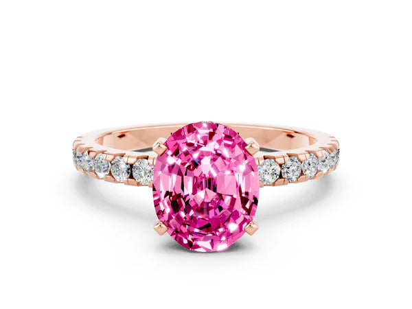 Rose gold Oval Cut Pink Sapphire Solitaire Ring with Round Pavé Band and Four-Prong Setting