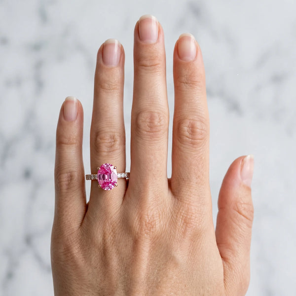 Rose gold Oval Cut Pink Sapphire Solitaire Ring with Round  Pavé Band and Four-Prong Setting
