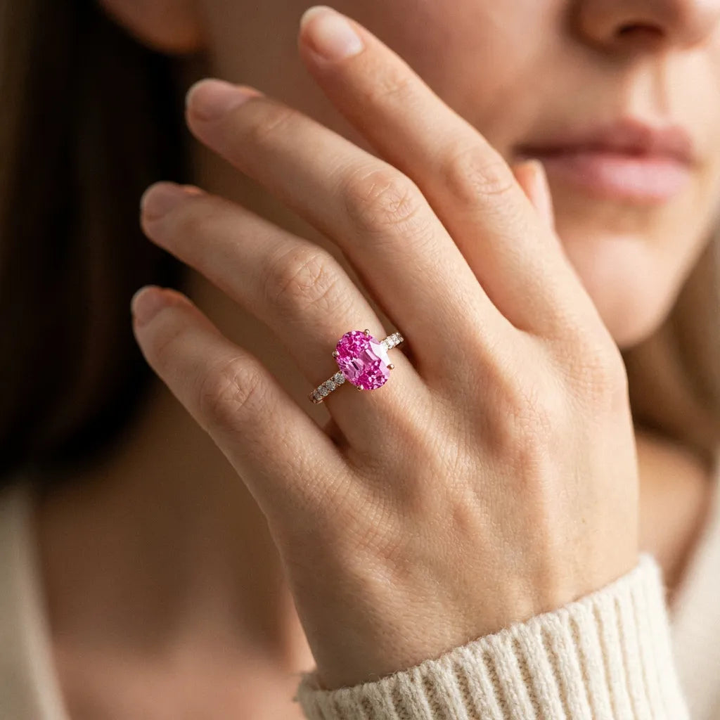 Rose gold Oval Cut Pink Sapphire Solitaire Ring with Round  Pavé Band and Four-Prong Setting_80
