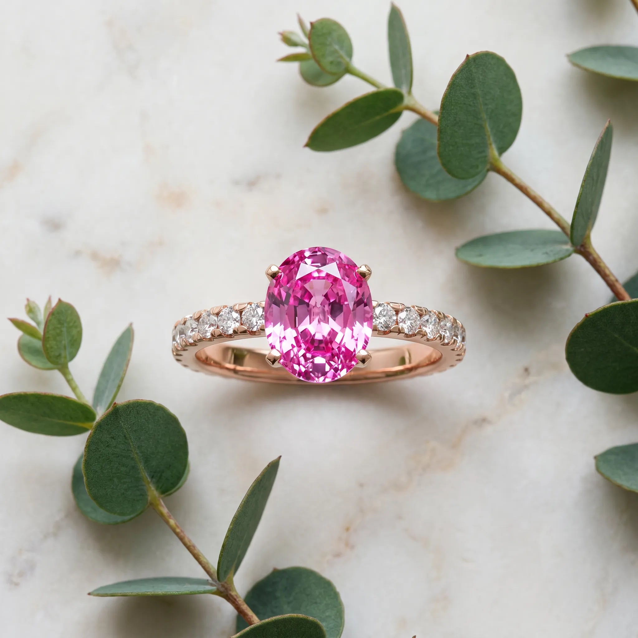 Rose gold Oval Cut Pink Sapphire Solitaire Ring with Round  Pavé Band and Four-Prong Setting_81