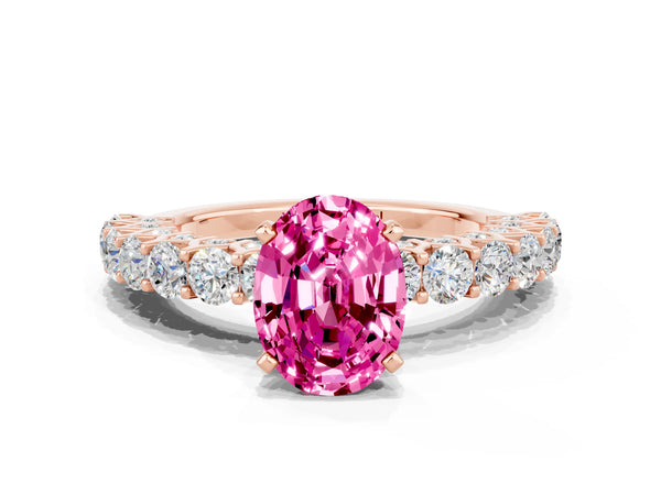 Rose gold Oval Cut Pink Sapphire Solitaire Ring with Shared Prong Pavé Band and Four-Prong Setting