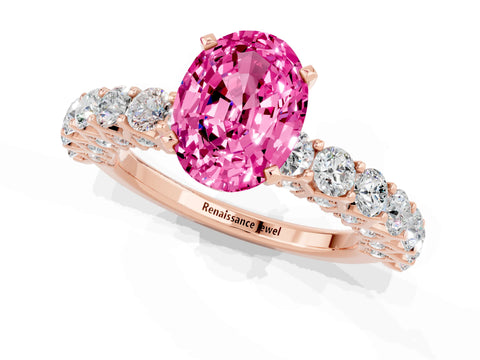 Rose gold Oval Cut Pink Sapphire Solitaire Ring with Shared Prong Pavé Band and Four-Prong Setting_1