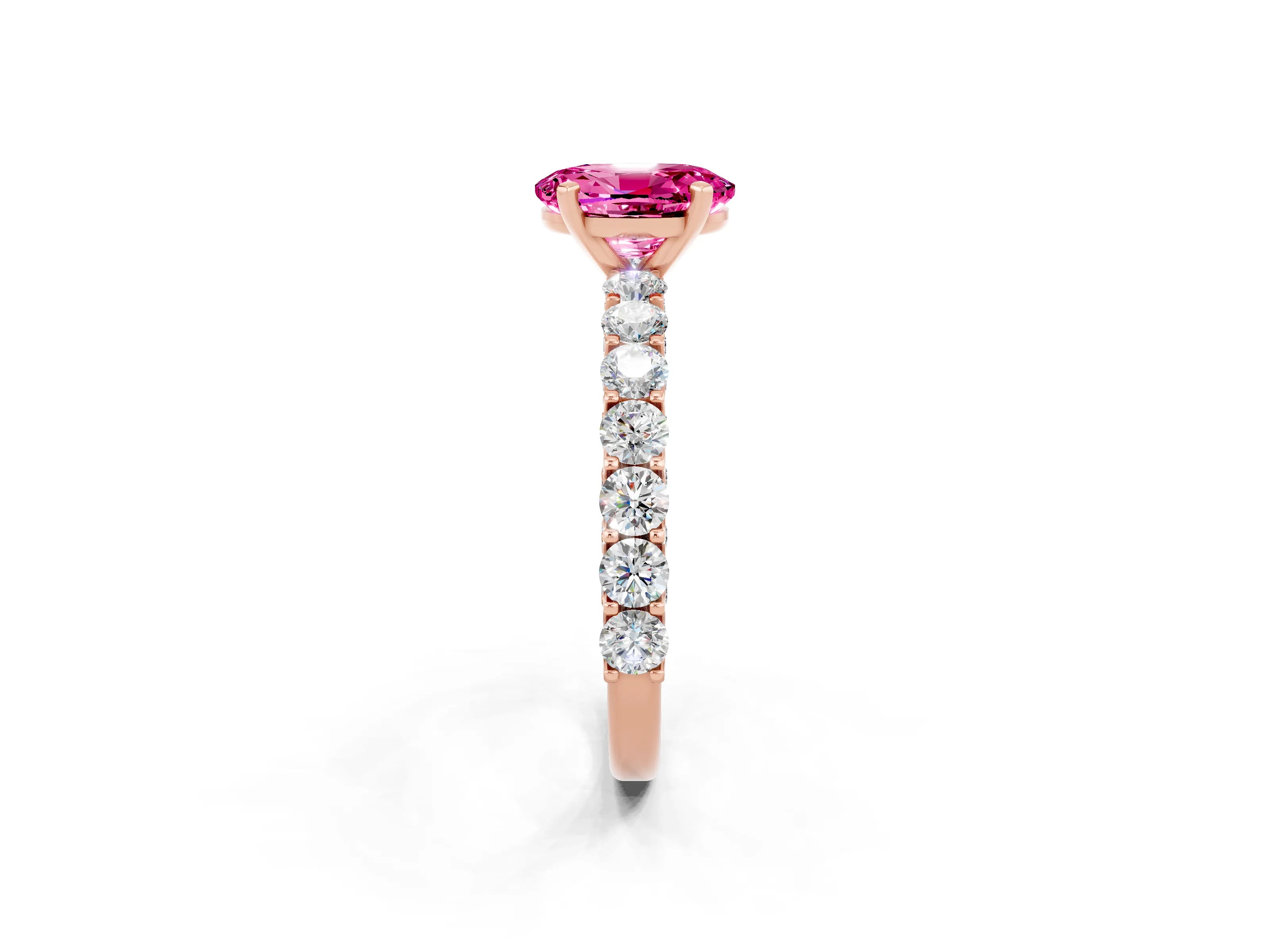 Rose gold Oval Cut Pink Sapphire Solitaire Ring with Shared Prong Pavé Band and Four-Prong Setting_2