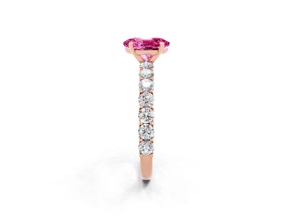 Rose gold Oval Cut Pink Sapphire Solitaire Ring with Shared Prong Pavé Band and Four-Prong Setting